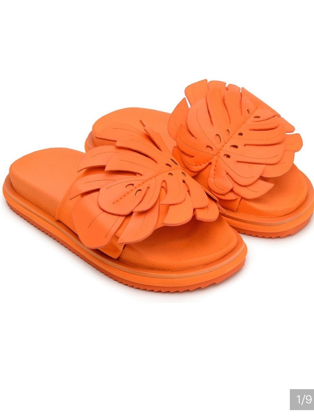 FARM Rio Sandals Womens 7 Orange Slides Monstera Anatomic Leaf Adjust Strap